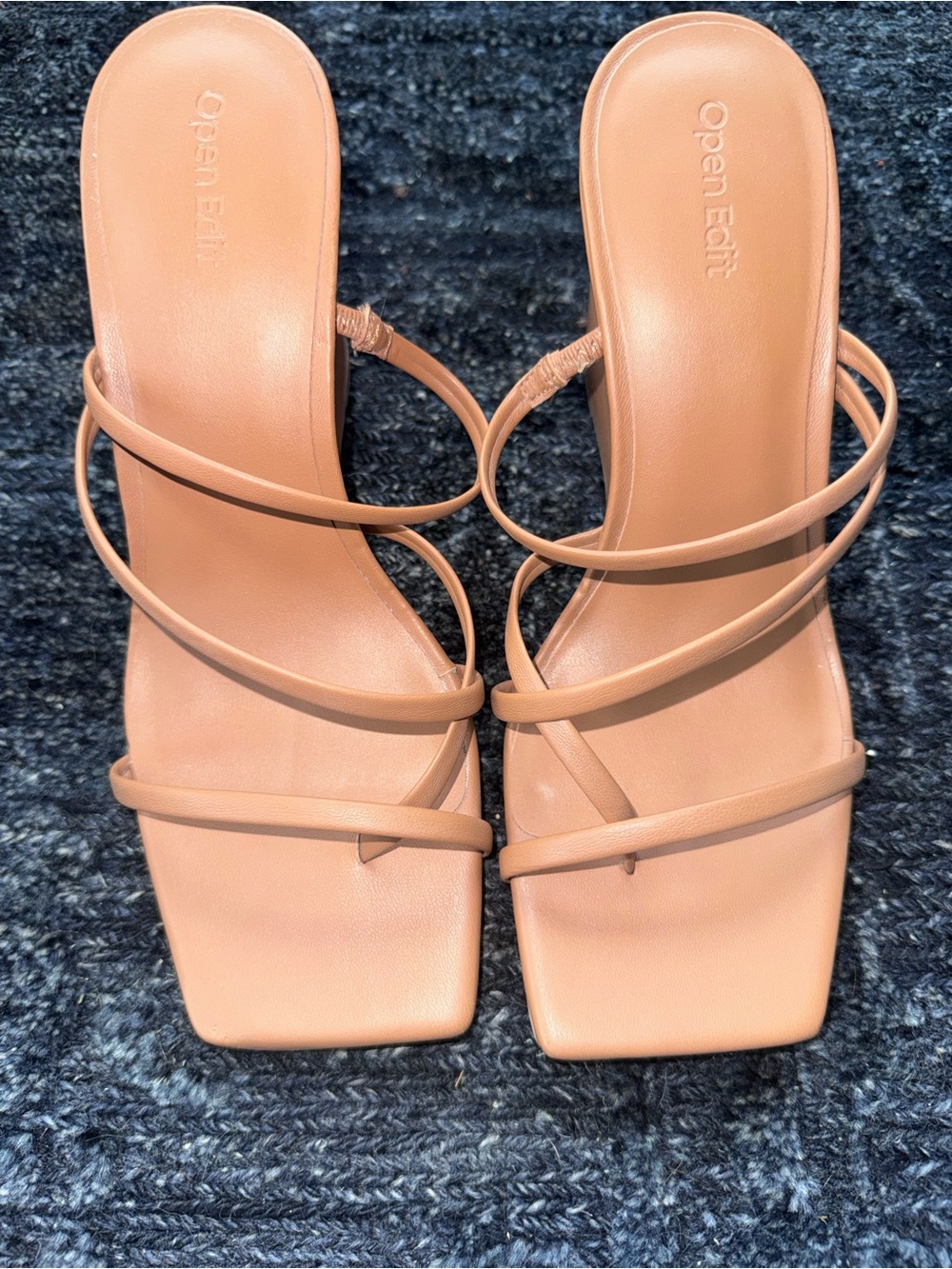 Tan Strappy Square-Toe Heeled Sandals